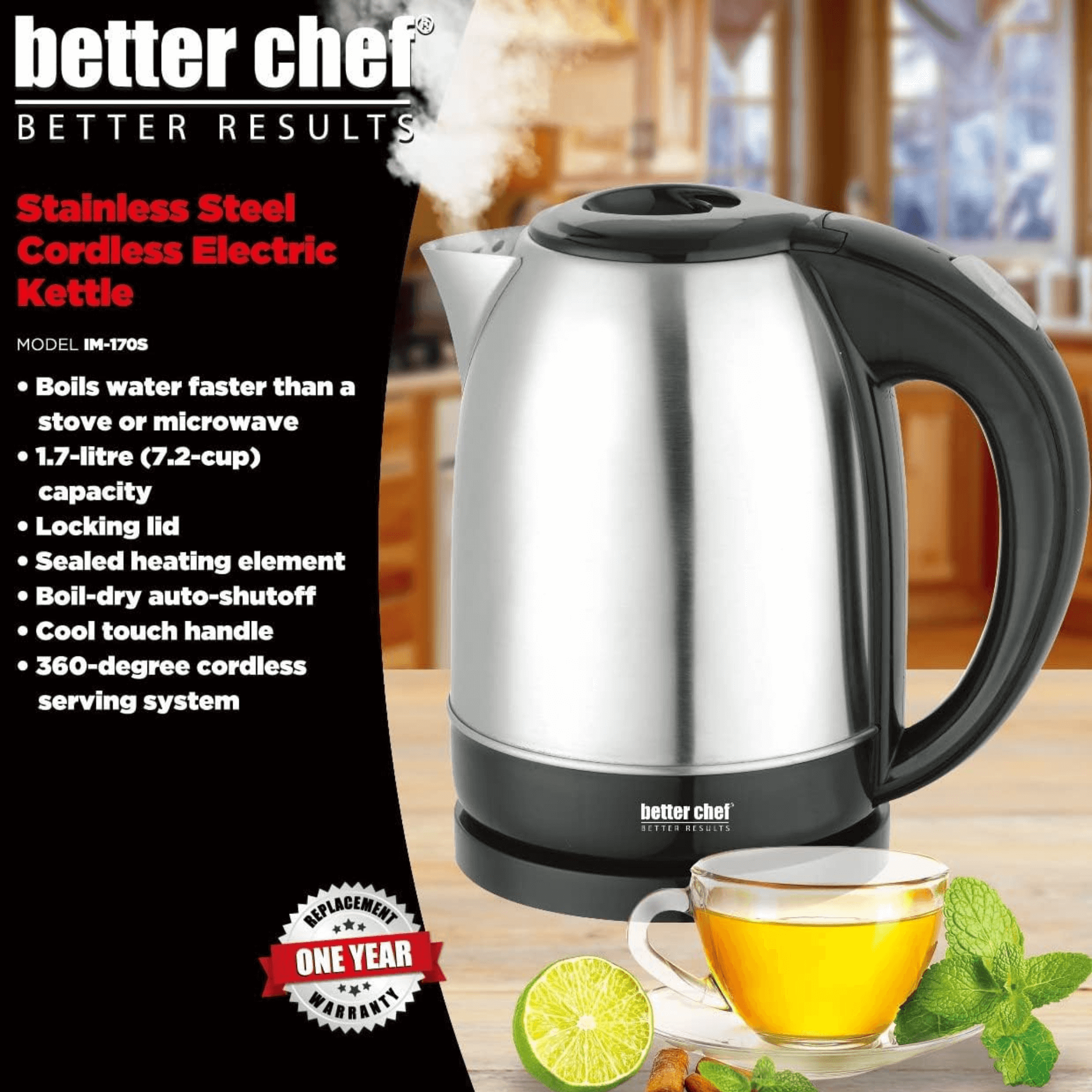 Stainless Steel Cordless Electric Kettle 1.7L 7.2-Cup - Better Chef